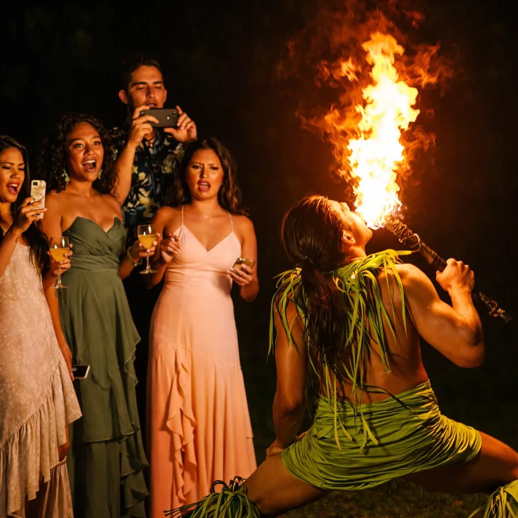 Fire performer breathing flames while guests react nearby