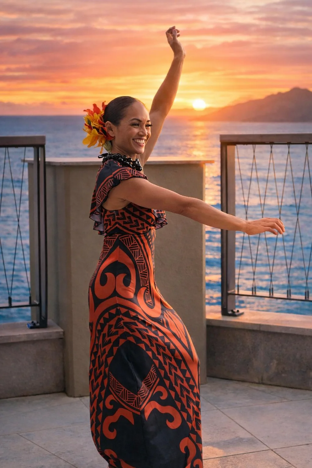 Hula dancer performing at sunset overlooking the ocean