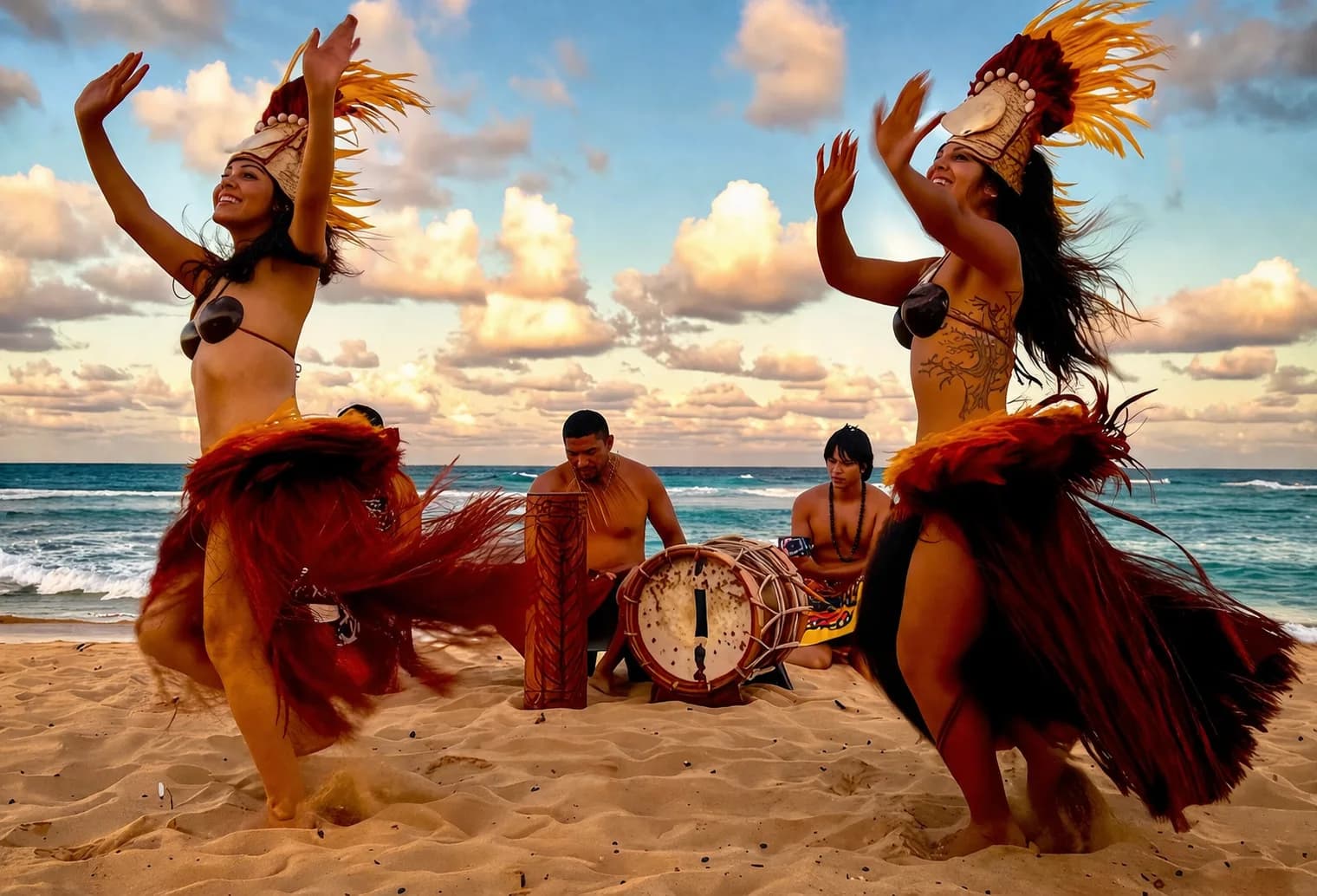 Tahitian dancers and drummers performing on the beach