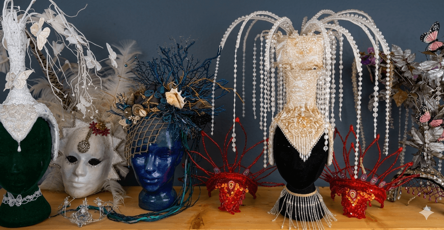 Soul Fire Productions performers wearing ornate feathered headdresses